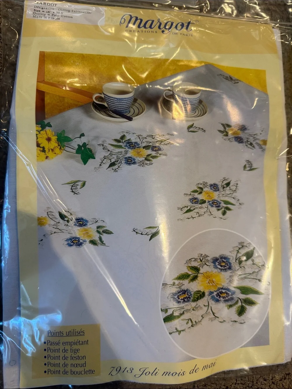 margot White Table Linen with Yellow and Blue Floral Motifs thread included